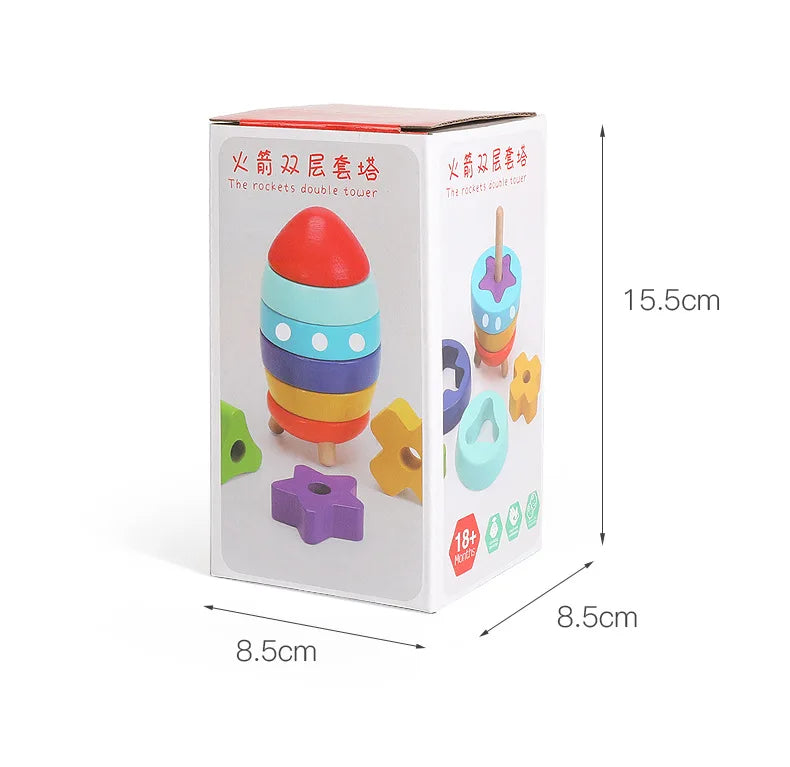 Rocket Tower Wooden Blocks Game – Montessori-Inspired Color & Shape Stacking Toy for Kids’ Cognitive Learning and Fine Motor Development