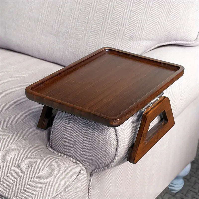 Foldable Bamboo Sofa Tray Table – Portable Armrest Side Table for Eating, Laptop Use, TV Snacks and Remote Control Storage