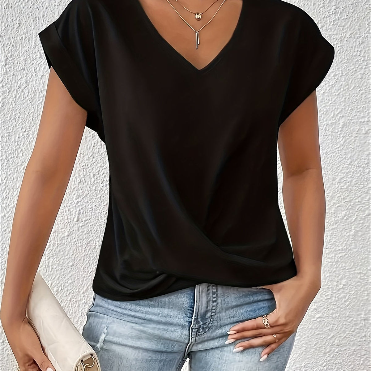 Elegant Beige V-Neck T-Shirt for Women - Lightweight & Breathable with Chic Knot Detail, Short Sleeves - Ideal for Spring/Summer Casual Wear - Polyester Blend, Machine Washable, Everyday Elegant Shirt|Vneck Blouse|Polyester Blend Fabric
