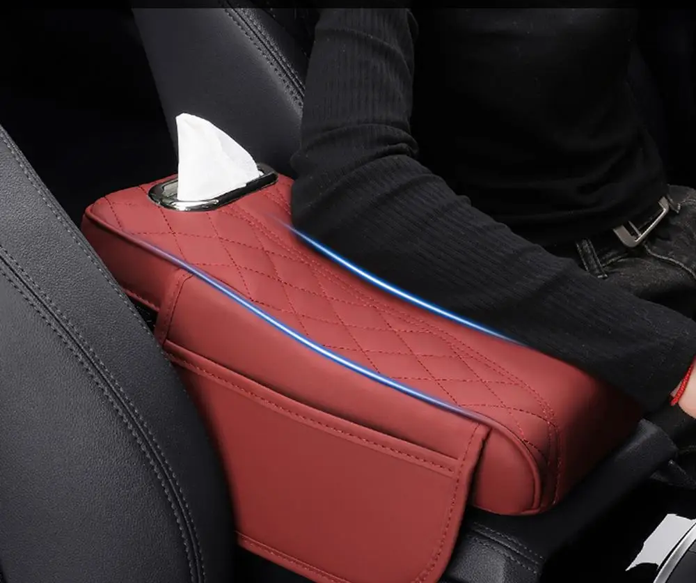 Car Armrest Cushion with Tissue Box – Memory Foam Support with Tissue Box & Storage Pockets