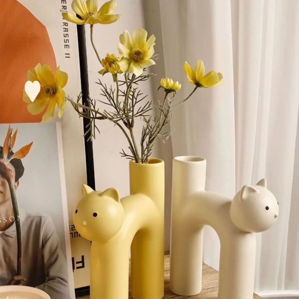 Cute Cat Vase – Cat-Head H-Shape Tube Vase for Hydroponic Flower Arrangement, Charming Home Décor & Desk Accessory for Cat Lovers