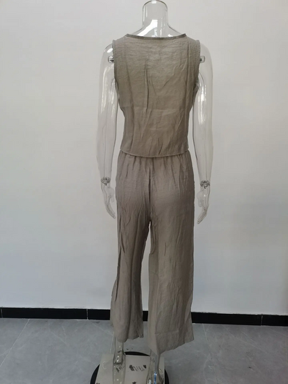 Cotton Linen Two-Piece Office Set – V-Neck Vest & Wide Leg Pants for Casual Elegance and Everyday Comfort