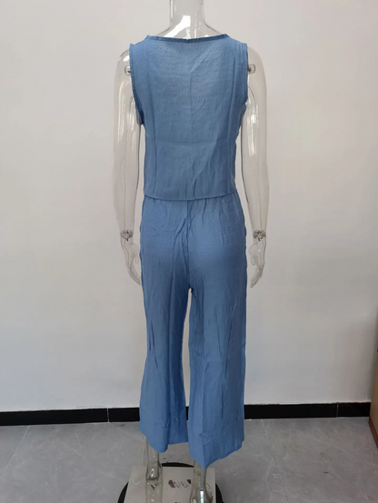 Cotton Linen Two-Piece Office Set – V-Neck Vest & Wide Leg Pants for Casual Elegance and Everyday Comfort