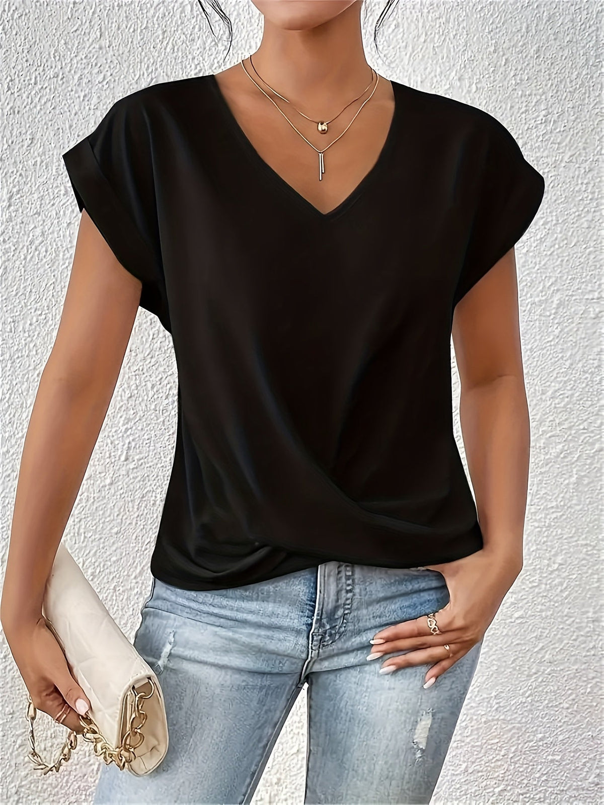 Elegant Beige V-Neck T-Shirt for Women - Lightweight & Breathable with Chic Knot Detail, Short Sleeves - Ideal for Spring/Summer Casual Wear - Polyester Blend, Machine Washable, Everyday Elegant Shirt|Vneck Blouse|Polyester Blend Fabric