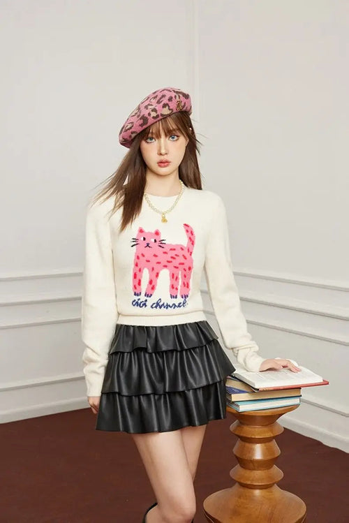 Autumn/Winter Cat Pattern Jacquard Sweater – Slim-Fit Short Pullover for Women with Playful Leg Cartoon Print, Cozy Seasonal Knit Style
