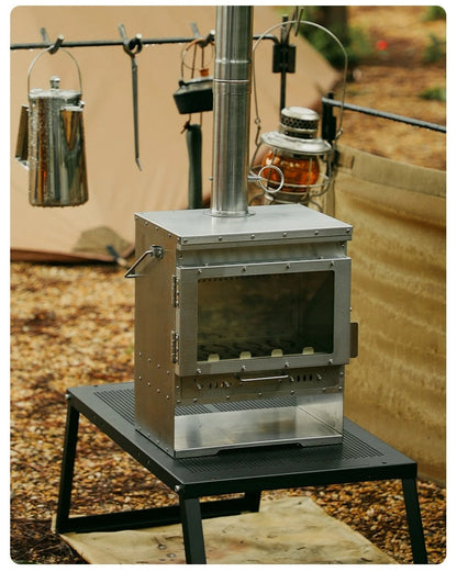 Smokeless Stainless Steel Fireplace Stove – Secondary Burning Wood Heater with Glass Window for Campfire Tents and Outdoor Heating