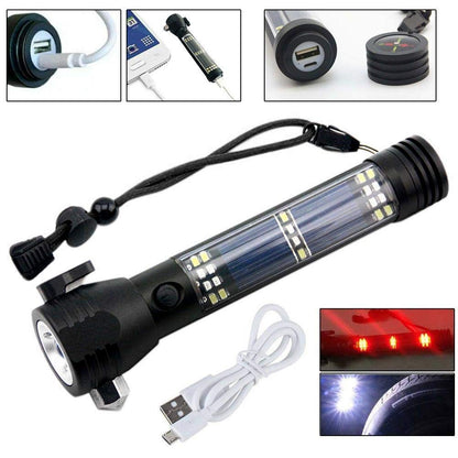 Tactical Solar Flashlight – 10-in-1 USB Rechargeable Survival Tool with SOS Alarm, Glass Breaker & Camping Emergency Kit