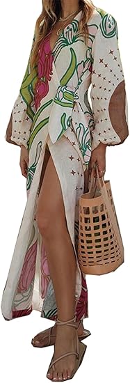 Women’s Deep V-Neck Party Maxi Dress – Long Sleeve Lace-Up Design with Sexy Print, Elegant Fall Evening Dress 2024