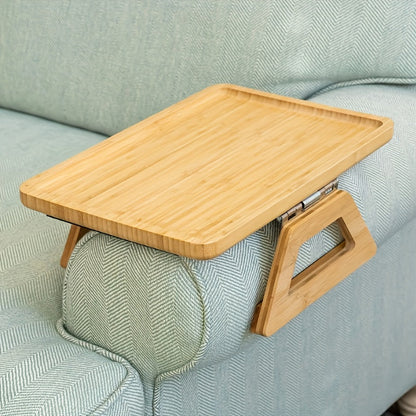 Foldable Bamboo Sofa Tray Table – Portable Armrest Side Table for Eating, Laptop Use, TV Snacks and Remote Control Storage
