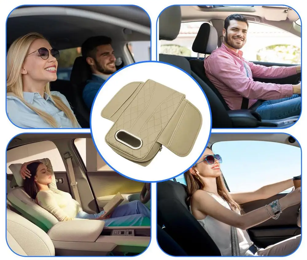 Car Armrest Cushion with Tissue Box – Memory Foam Support with Tissue Box & Storage Pockets