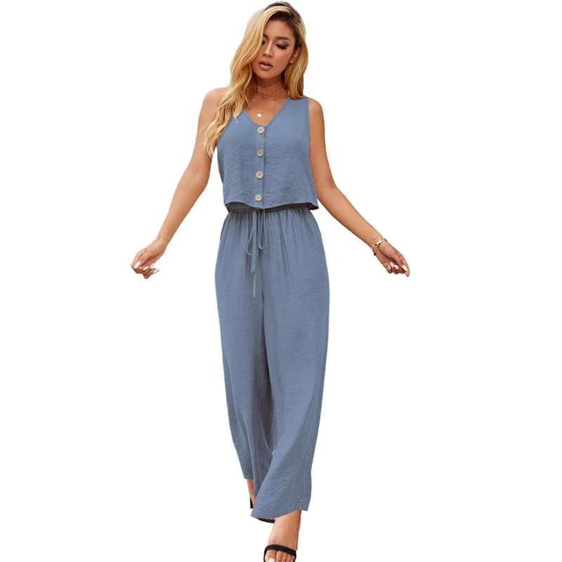 Cotton Linen Two-Piece Office Set – V-Neck Vest & Wide Leg Pants for Casual Elegance and Everyday Comfort