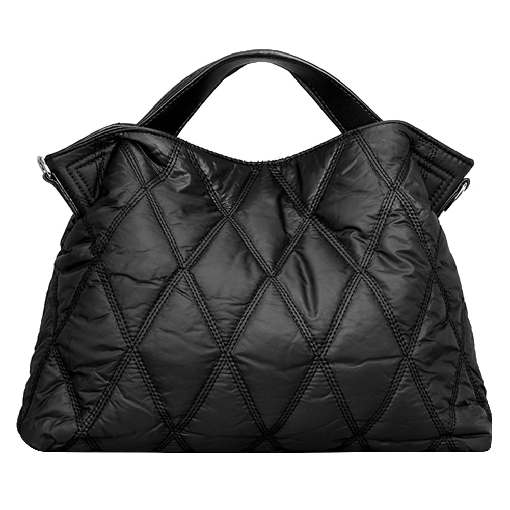 Cotton-Padded Nylon Women Big Tote Bag – Large Capacity Commuter Handbag with Rhombic Lattice Design for Autumn Winter Fashion