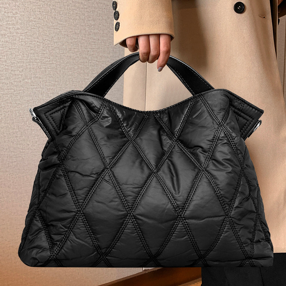 Cotton-Padded Nylon Women Big Tote Bag – Large Capacity Commuter Handbag with Rhombic Lattice Design for Autumn Winter Fashion