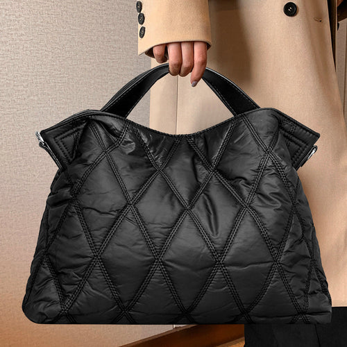 Cotton-Padded Nylon Women Big Tote Bag – Large Capacity Commuter Handbag with Rhombic Lattice Design for Autumn Winter Fashion