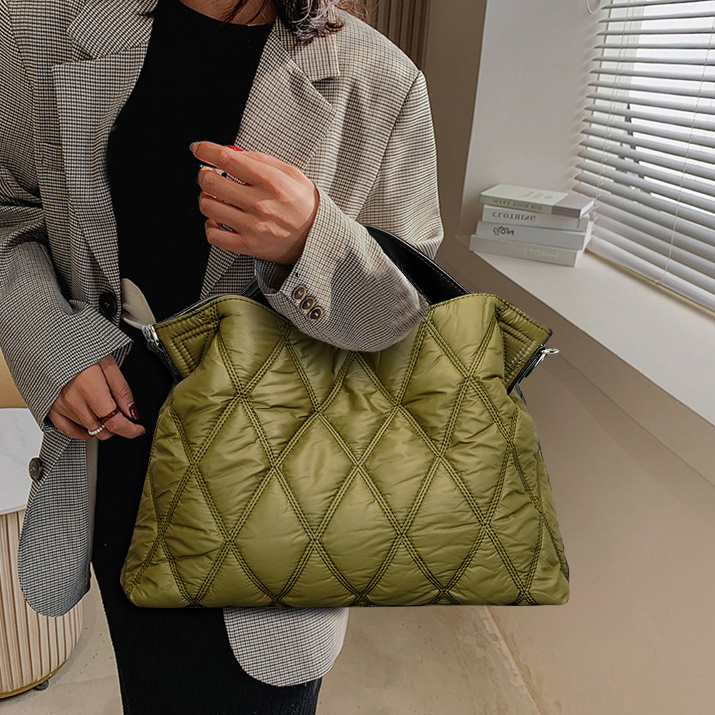 Cotton-Padded Nylon Women Big Tote Bag – Large Capacity Commuter Handbag with Rhombic Lattice Design for Autumn Winter Fashion
