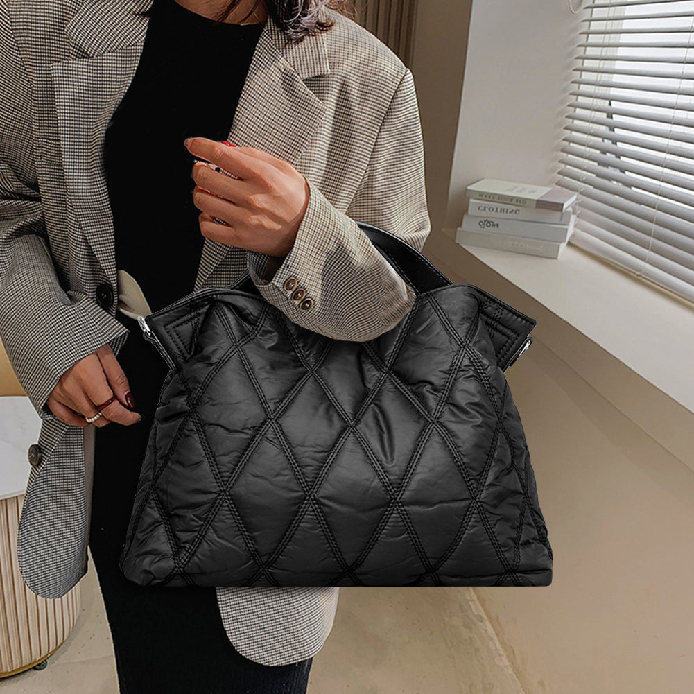 Cotton-Padded Nylon Women Big Tote Bag – Large Capacity Commuter Handbag with Rhombic Lattice Design for Autumn Winter Fashion