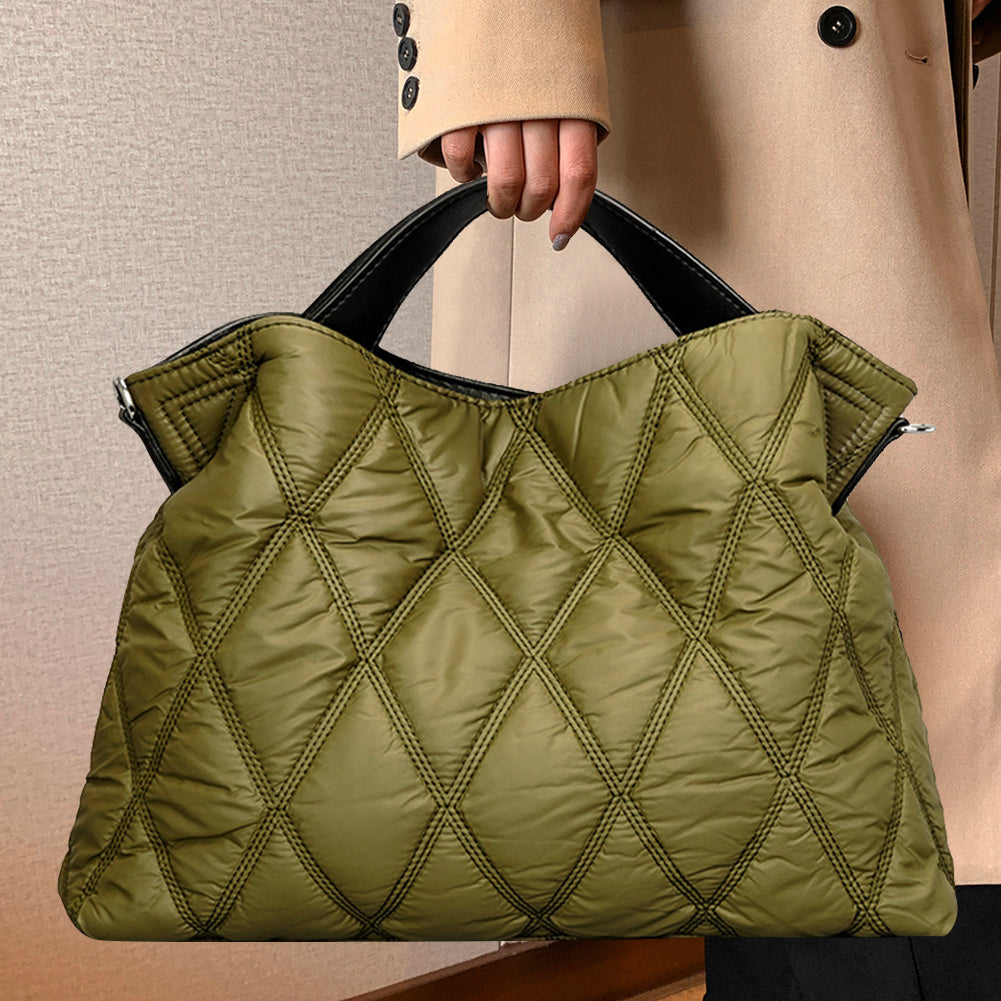 Cotton-Padded Nylon Women Big Tote Bag – Large Capacity Commuter Handbag with Rhombic Lattice Design for Autumn Winter Fashion