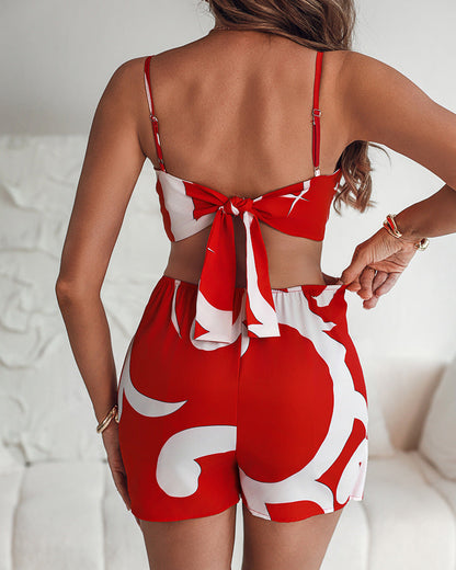 Floral Geometric Print Romper – Backless Hollow-Out Spaghetti Strap Slim Fit Women’s Summer Casual Jumpsuit