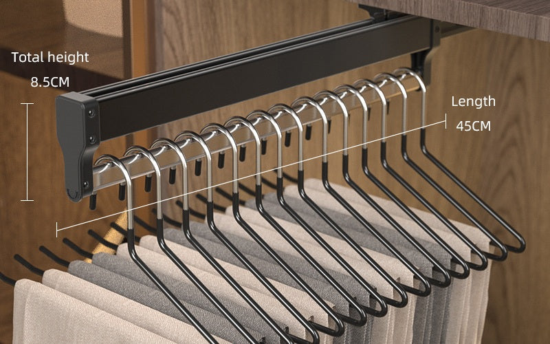 Top-Mount Pull-Out Wardrobe Hanger Rail – Extendable Adjustable Closet Rod for Hanging Clothes, Trouser Organization, Maximizing Wardrobe Space Neatly and Efficiently