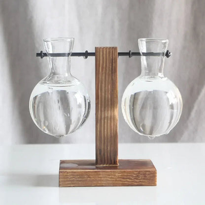 Light Bulb Vase with Wood Stand - Hydroponic Propagation Glass Station for Desktop Home or Office Botanical Decor