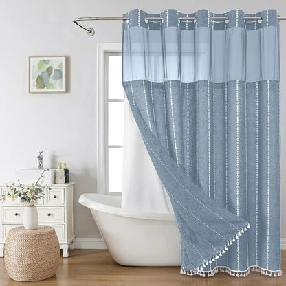 No-Hook Boho Farmhouse Shower Curtain Set – Heavy-Duty Linen Fabric with Tassels, Snap-In Liner for Rustic & Elegant Bathroom Decor
