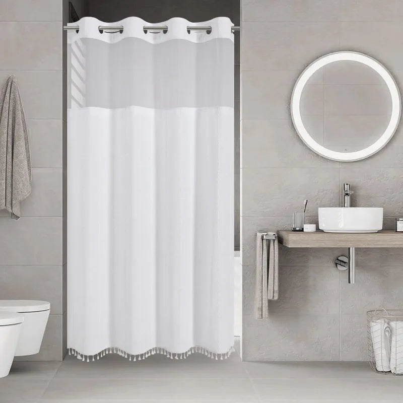 No-Hook Boho Farmhouse Shower Curtain Set – Heavy-Duty Linen Fabric with Tassels, Snap-In Liner for Rustic & Elegant Bathroom Decor
