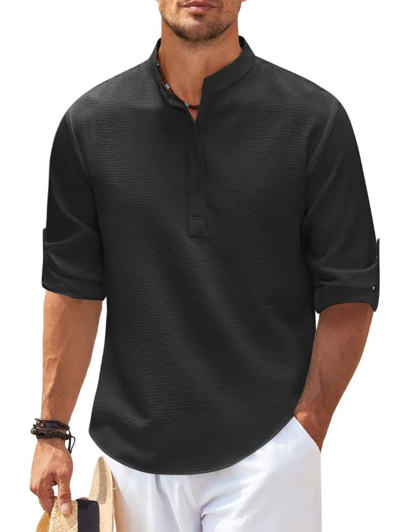 Casual Men's Cotton Blouse – Solid Color Loose Long-Sleeved T-Shirt for Handsome Spring and Autumn Style