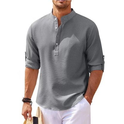 Casual Men's Cotton Blouse – Solid Color Loose Long-Sleeved T-Shirt for Handsome Spring and Autumn Style