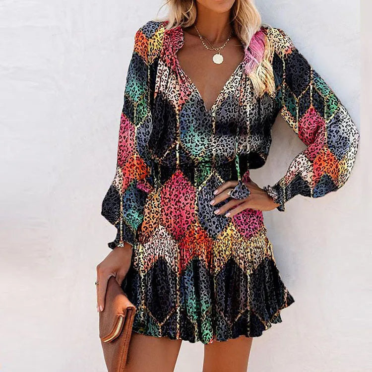 Flirty Floral Mini Patchwork Dress – Long Sleeve V-Neck Ruffle Waist for Springtime Charm