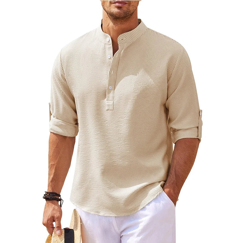 Casual Men's Cotton Blouse – Solid Color Loose Long-Sleeved T-Shirt for Handsome Spring and Autumn Style