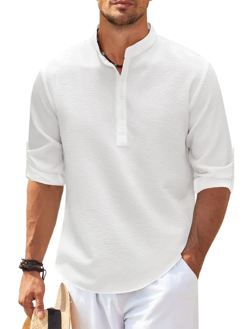 Casual Men's Cotton Blouse – Solid Color Loose Long-Sleeved T-Shirt for Handsome Spring and Autumn Style
