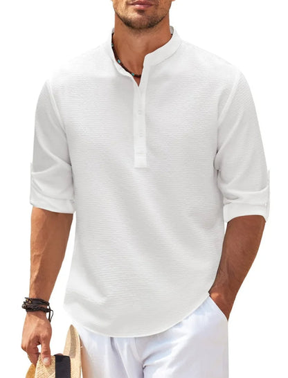 Casual Men's Cotton Blouse – Solid Color Loose Long-Sleeved T-Shirt for Handsome Spring and Autumn Style