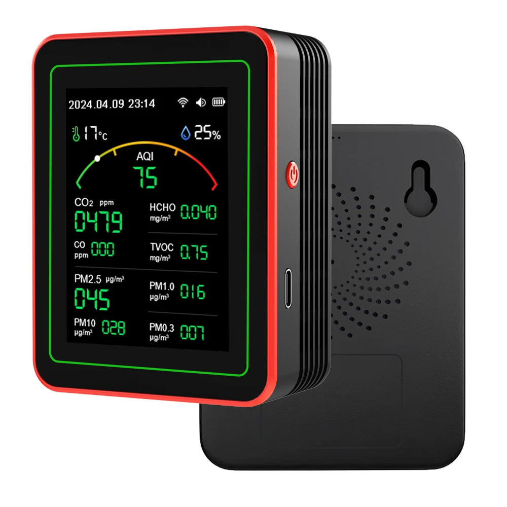 WiFi Air Quality Monitor – 15-in-1 Portable Rechargeable Smart AQI Detector with CO2, PM2.5, TVOC & Mobile App Control