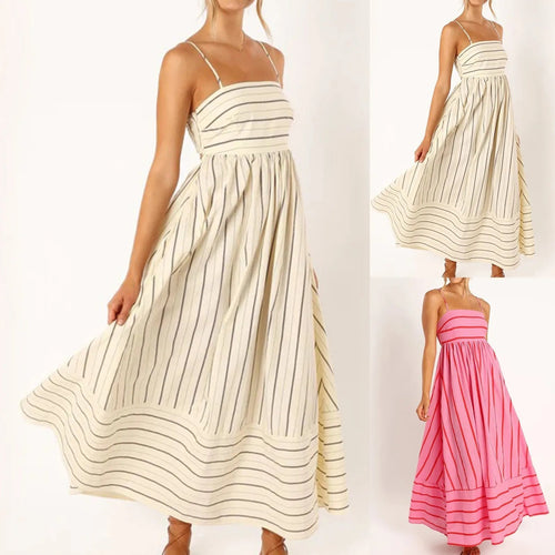 Striped Suspender Swing Dress for Women – Sleeveless, Backless Casual Vestido, Perfect for Weddings, Vacations & Summer Chic