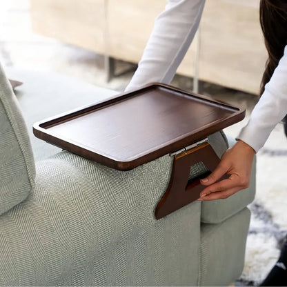 Foldable Bamboo Sofa Tray Table – Portable Armrest Side Table for Eating, Laptop Use, TV Snacks and Remote Control Storage