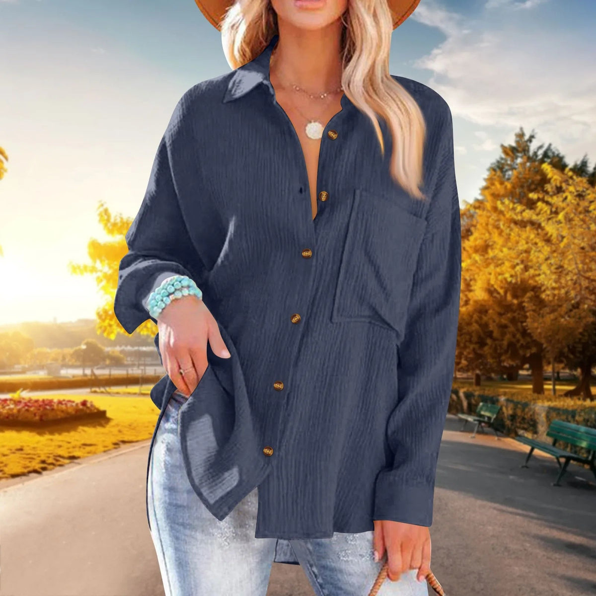 Elegant Blouse for Women – Loose-Fit Single-Breasted Long Sleeve Shirt